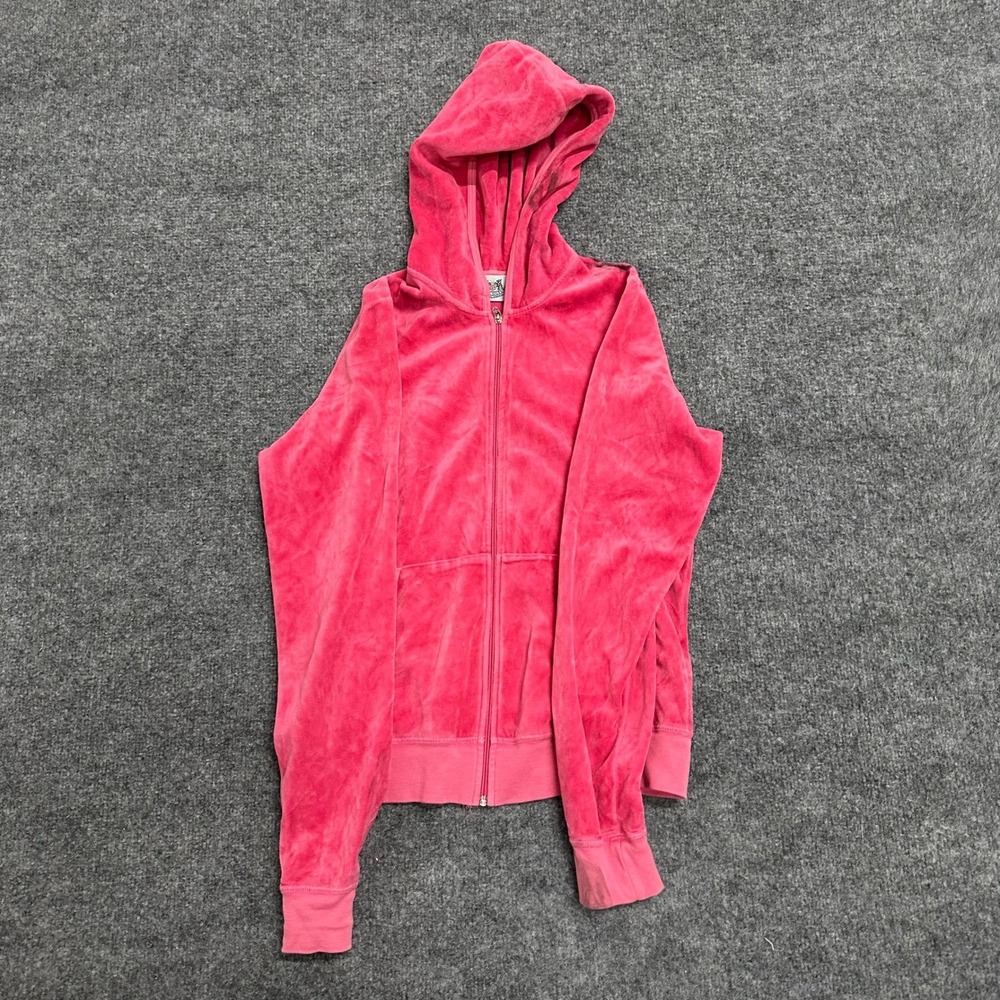 Juicy Couture Hoodie Womens XL Pink Velour Zip Up Y2K Slim USA Stains